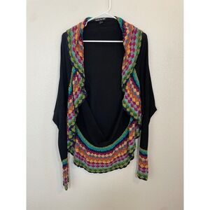 Double Zero Womens Large Black Cardigan Sweater Crochet Rainbow Trim Open Front